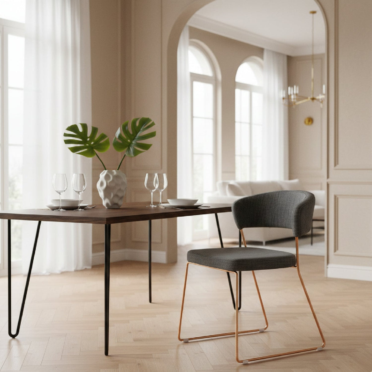 Rosegold Frame Gray Dining Chairs (2) – Ashland – angled view