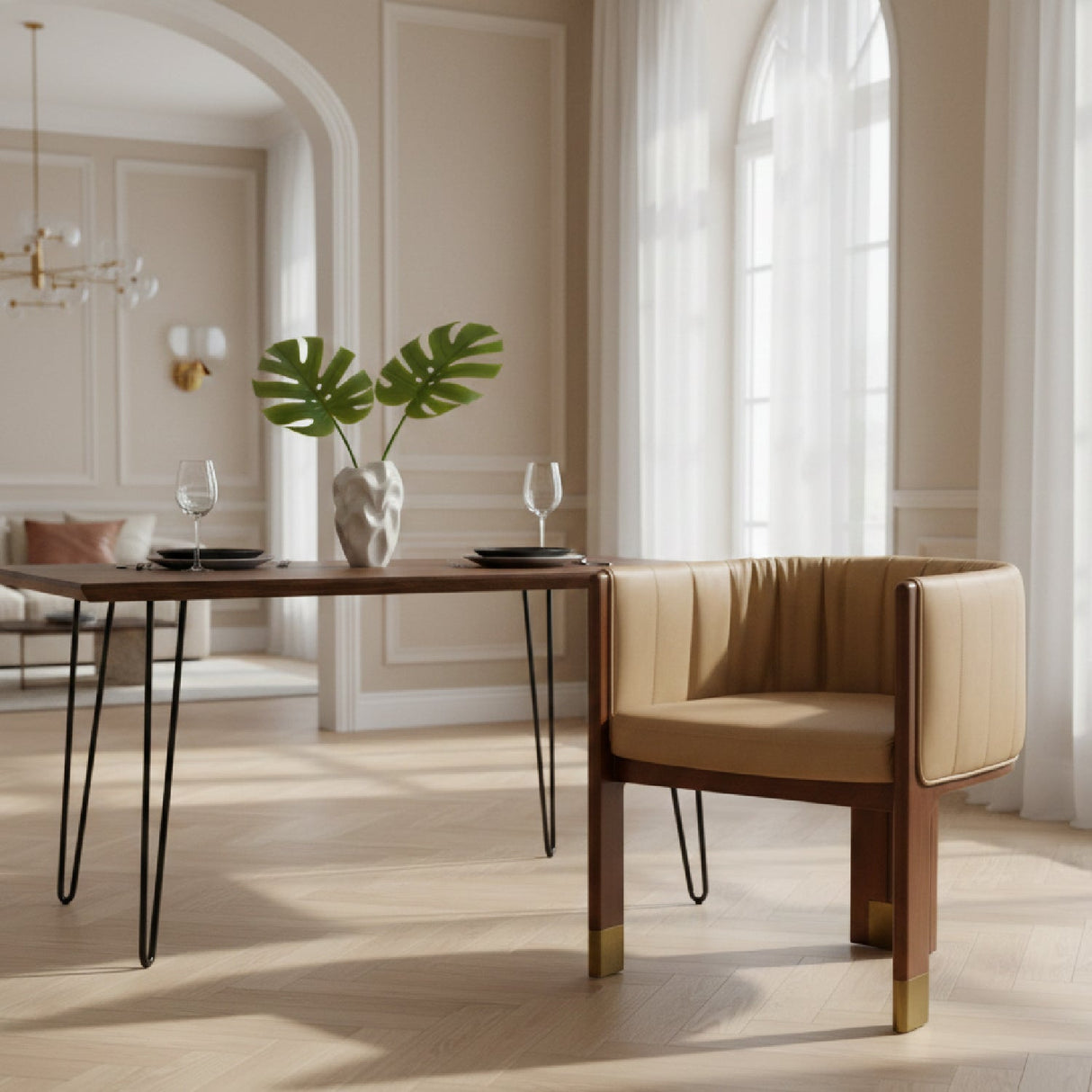 Tan Vegan Leather Dining Chair – Elati – angled view