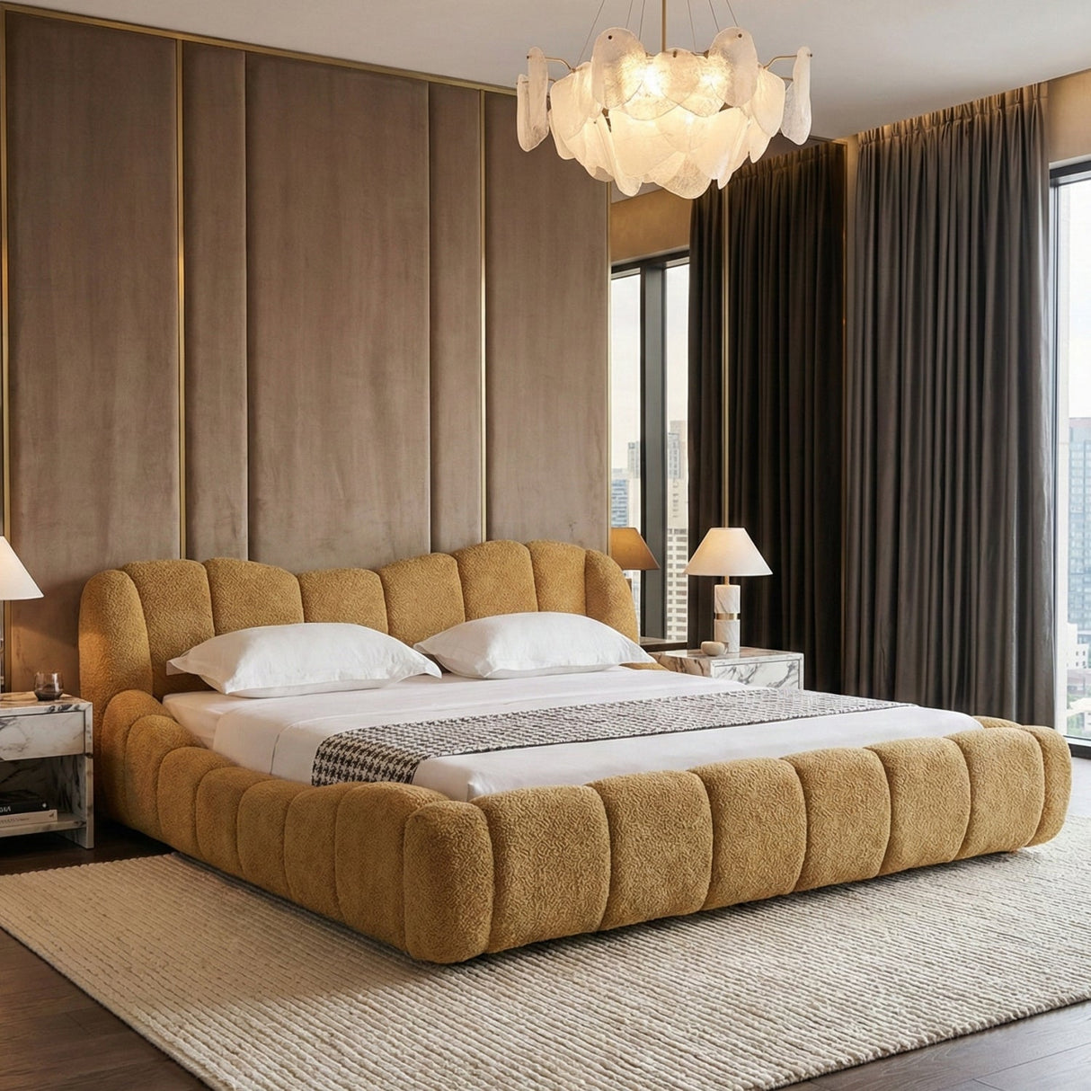 Upholstered Panel Camel Headboard Bed – Janine – angled view