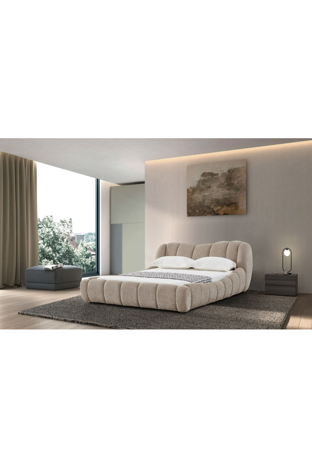 Tan Upholstered Panel Headboard Bed | Oroa.com
