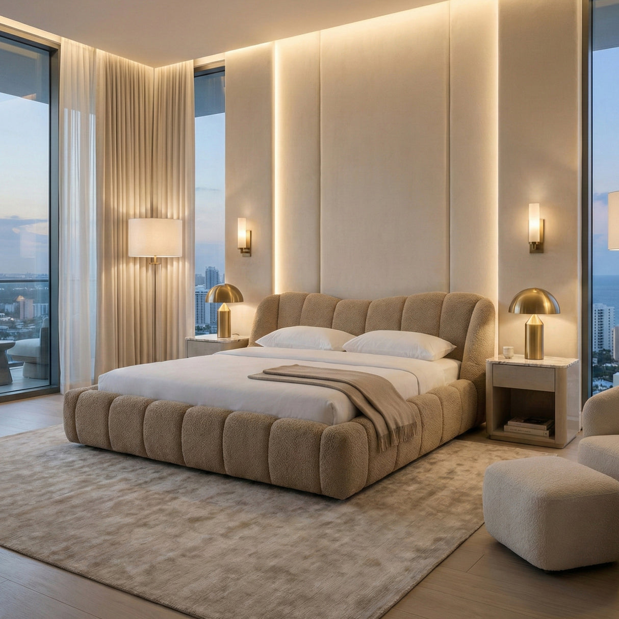 Tan Upholstered Panel Headboard Bed | Oroa.com