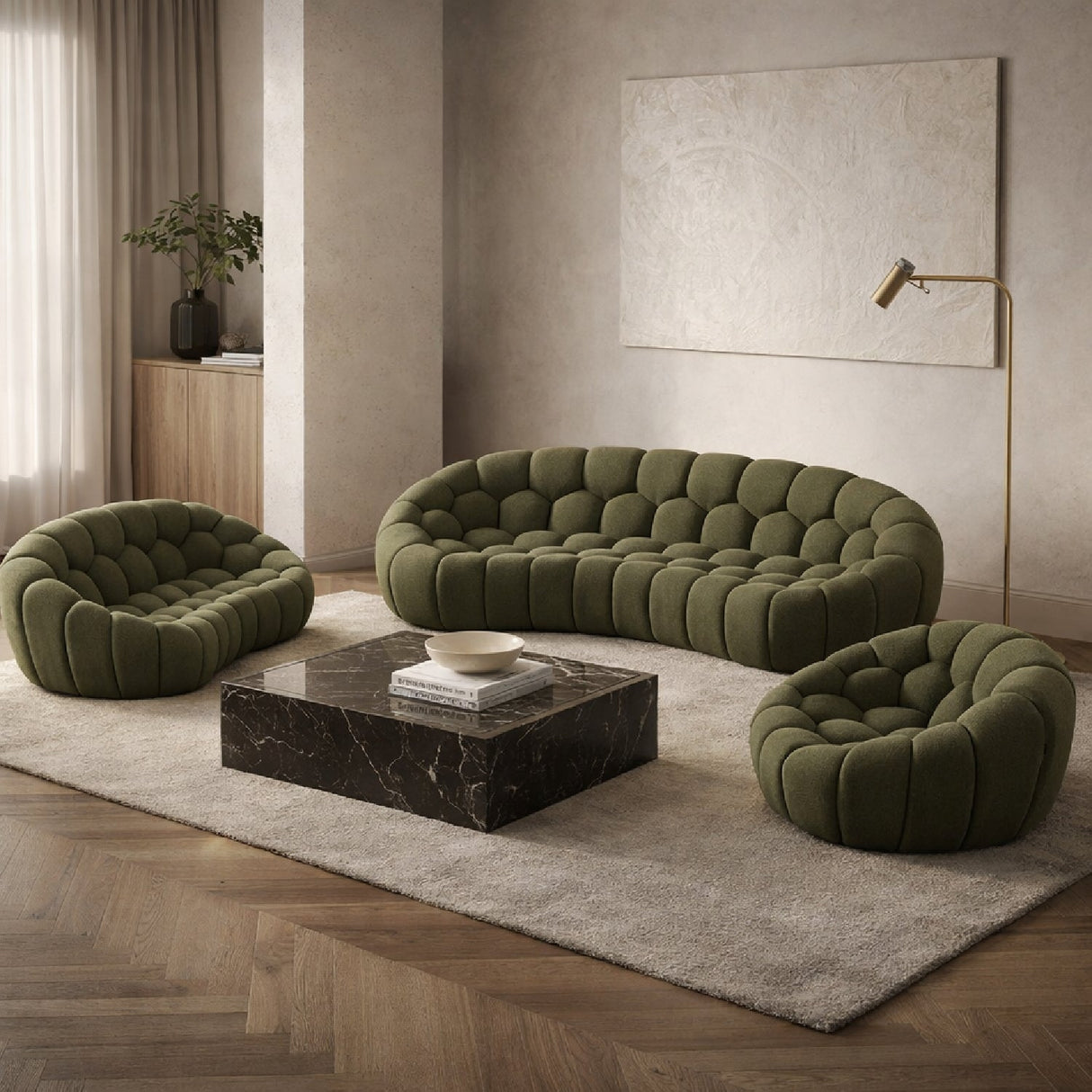 Green Tufted Sofa Set – Yolonda – angled view