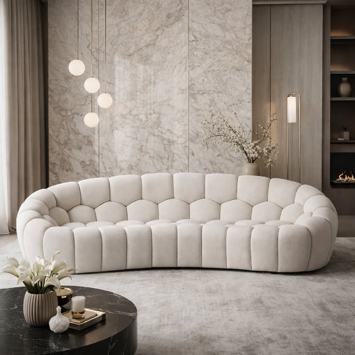 Hexagonal-Tufted Curved Sofa – Yolonda – angled view