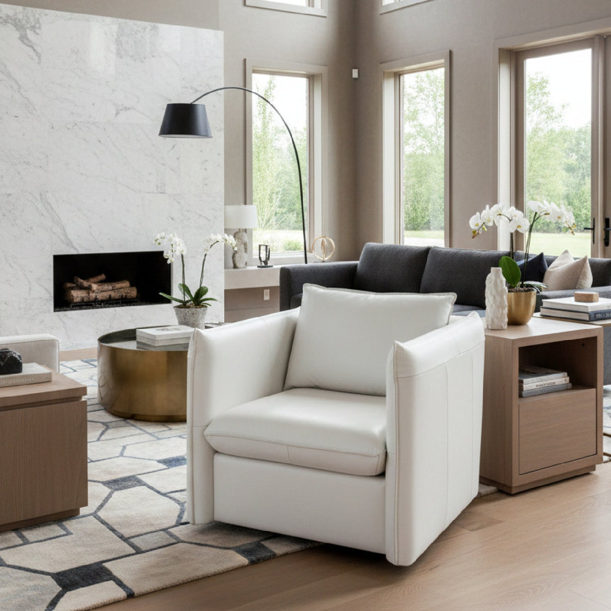 White Leather Swivel Lounge Chair – Tamworth – angled view