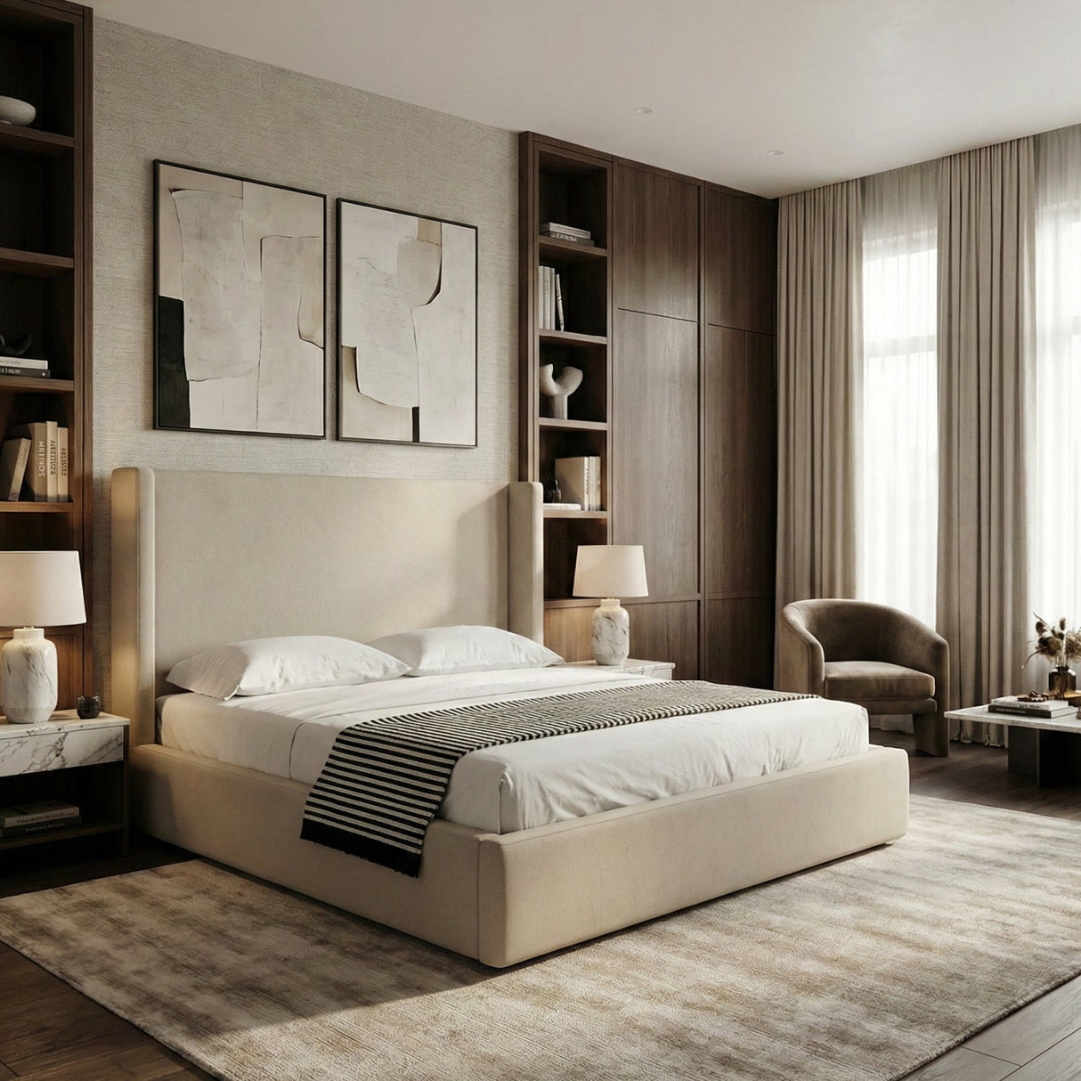 Beige Panel Headboard Bed – Byrne – angled view