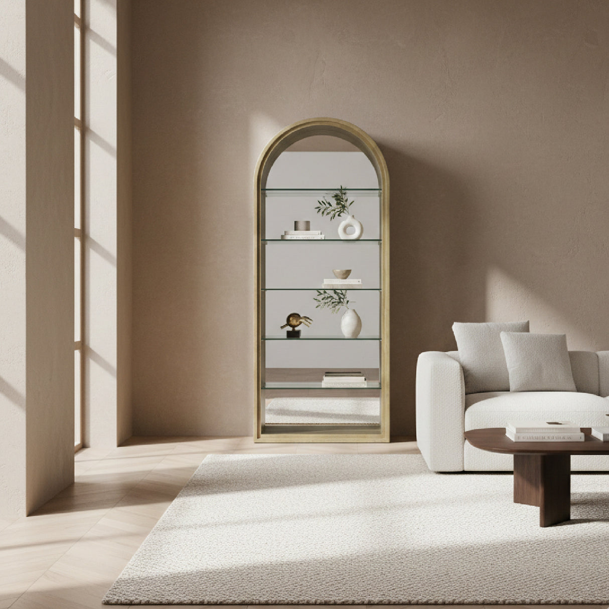 Antique Brass Arched Bookcase – Poise – angled view