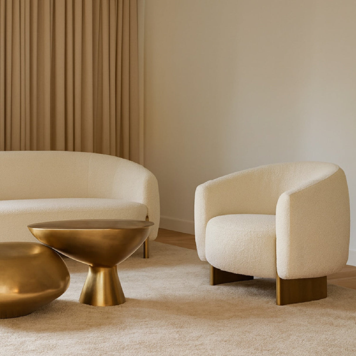 Beige Curved Accent Chair – Thrive – angled view