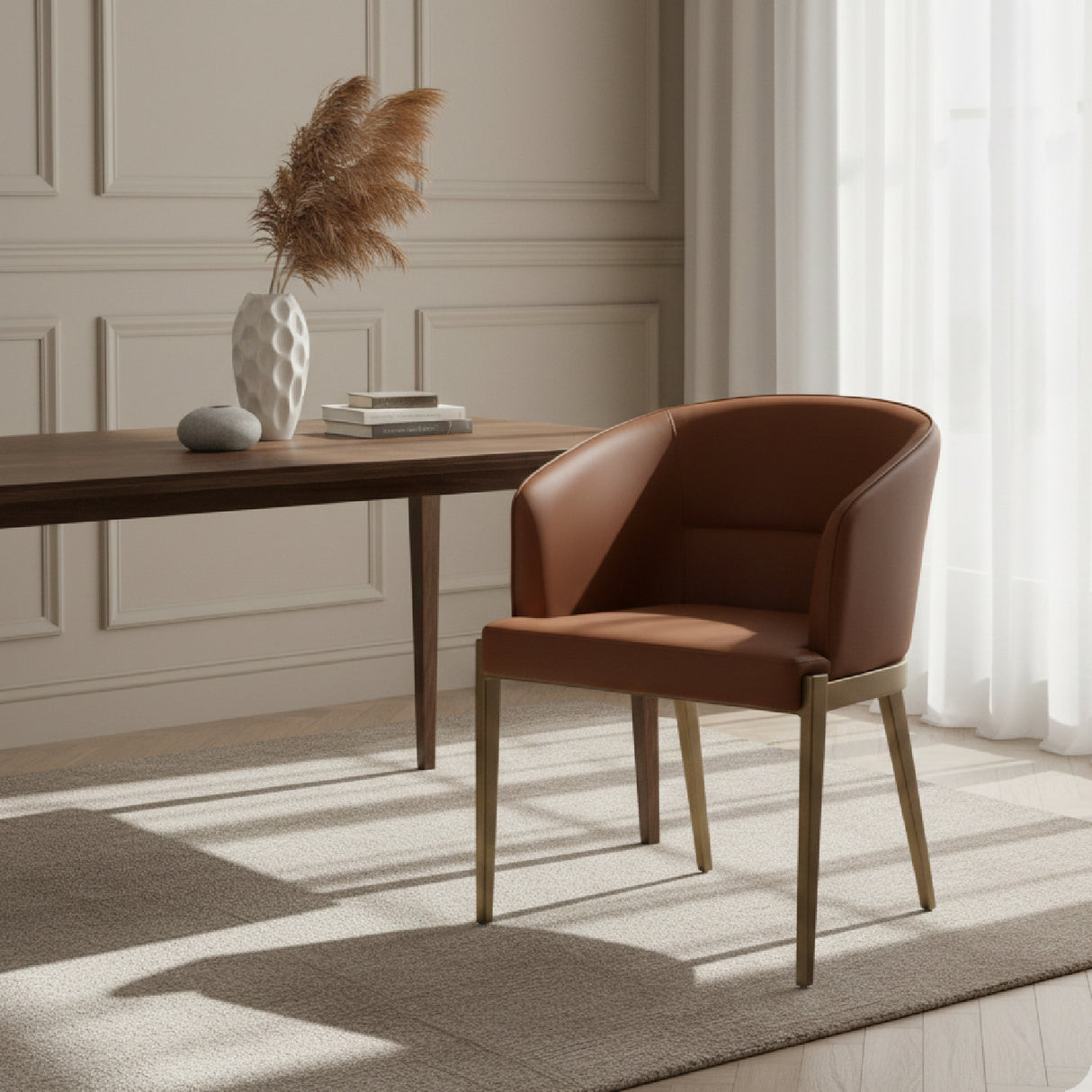 Curved Brown Leather Dining Chair | Oroa.com