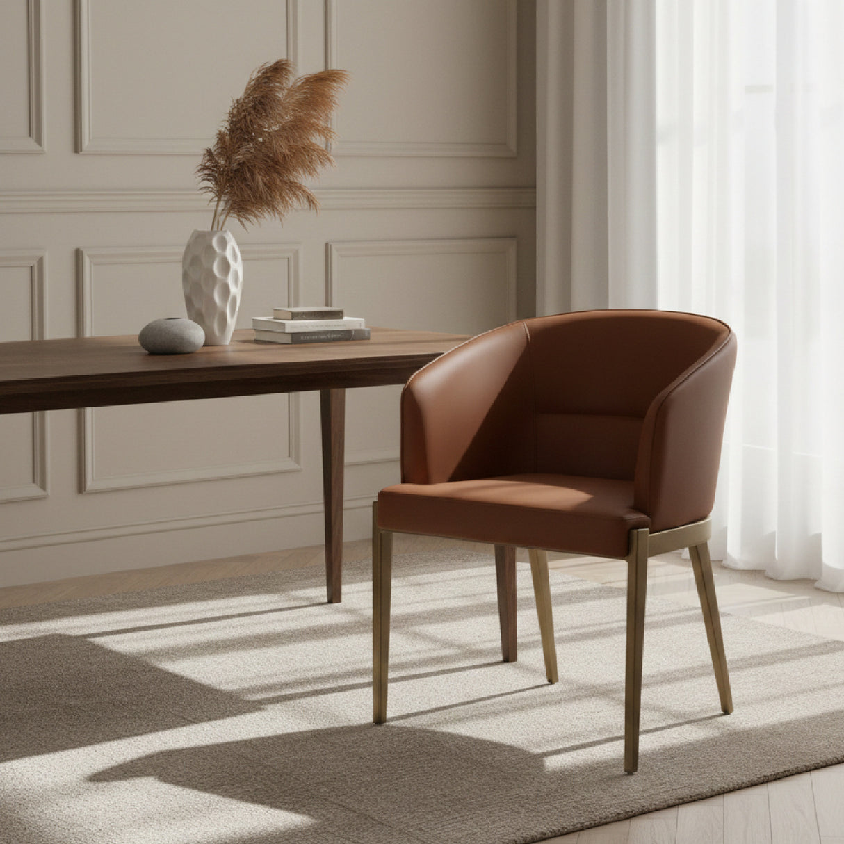 Curved Brown Leather Dining Chair | Oroa.com