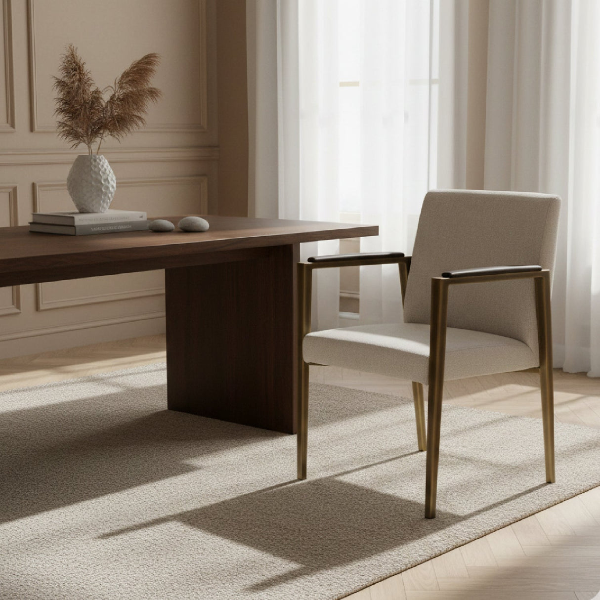Brass Framed White Dining Chair – Sanders – angled view