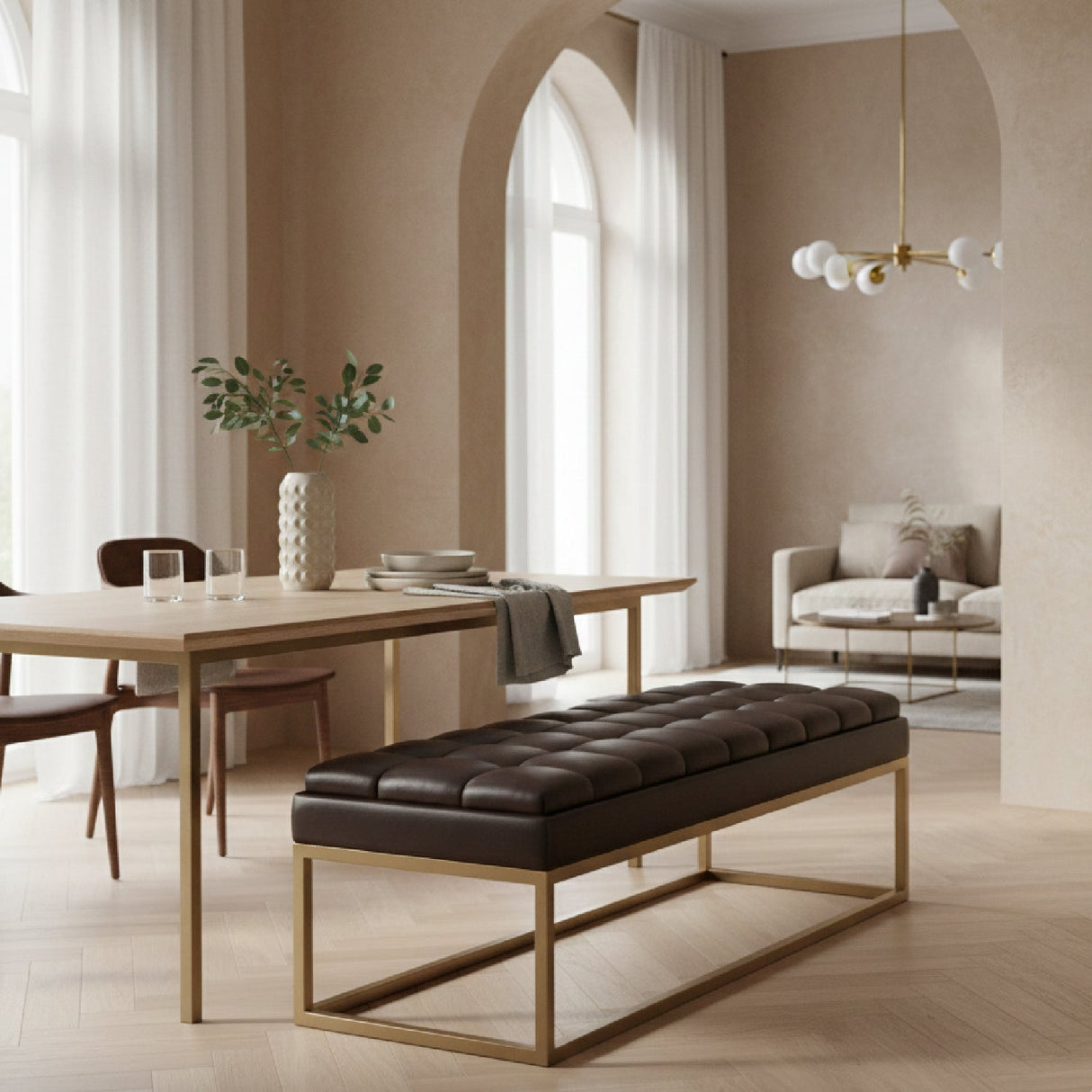Brown Vegan Leather Dining Bench – Bridger – angled view