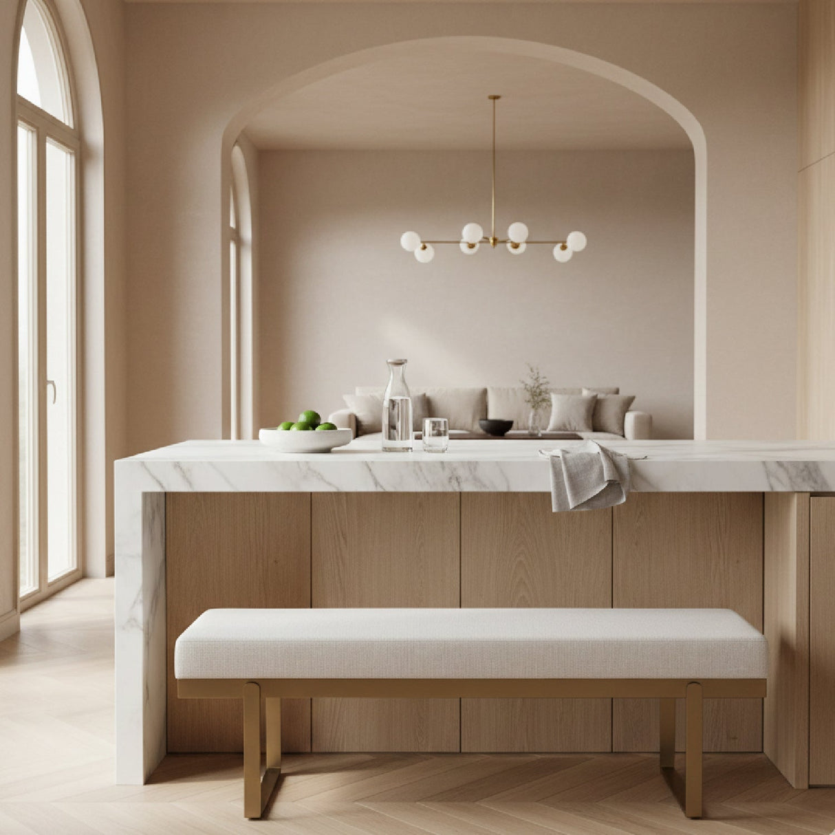White Upholstered Dining Bench – Tatum – angled view
