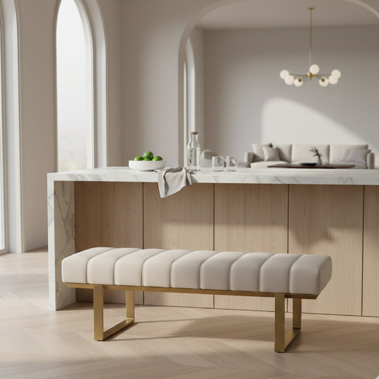 Beige Channeled Dining Bench – Robles – angled view