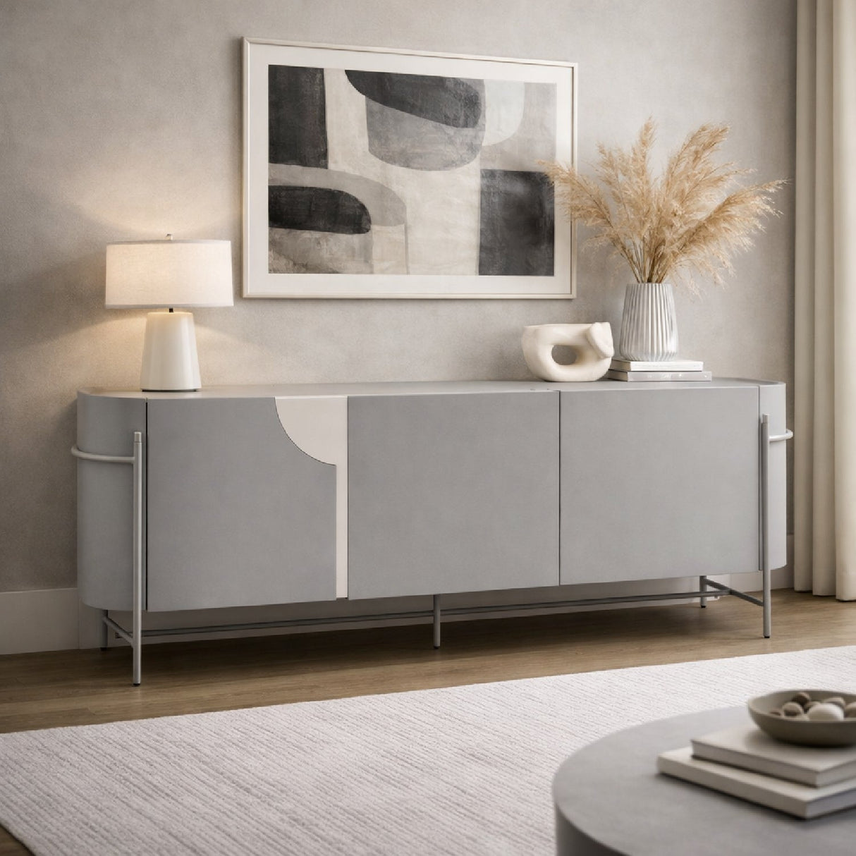 Matte Gray 3-Door Sideboard – Hadler – angled view