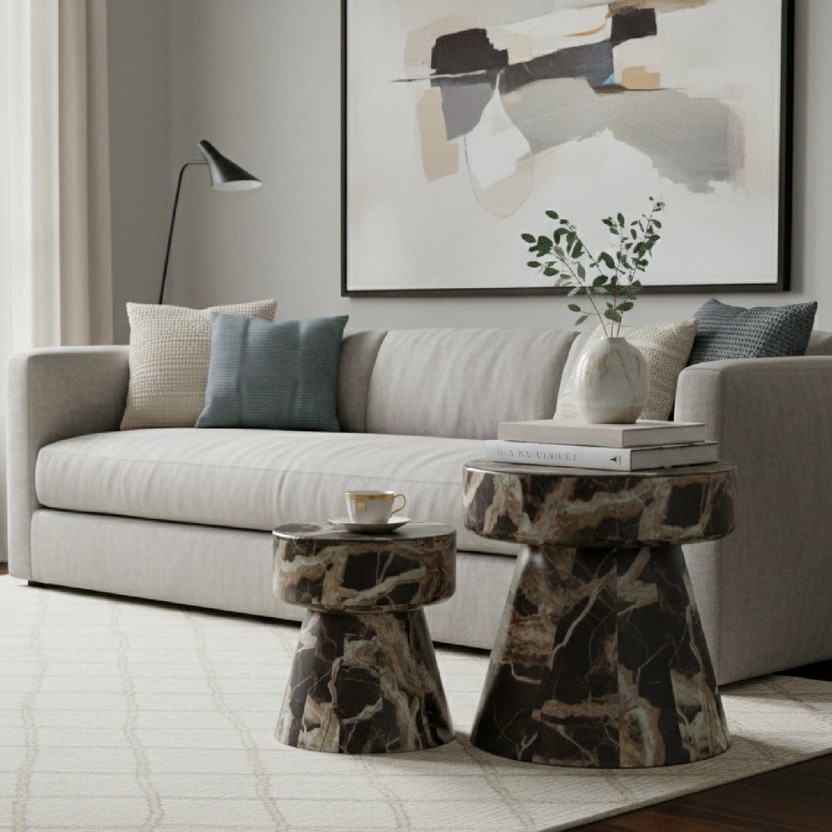 Marble Finished Round End Tables (2) – Marlow – angled view