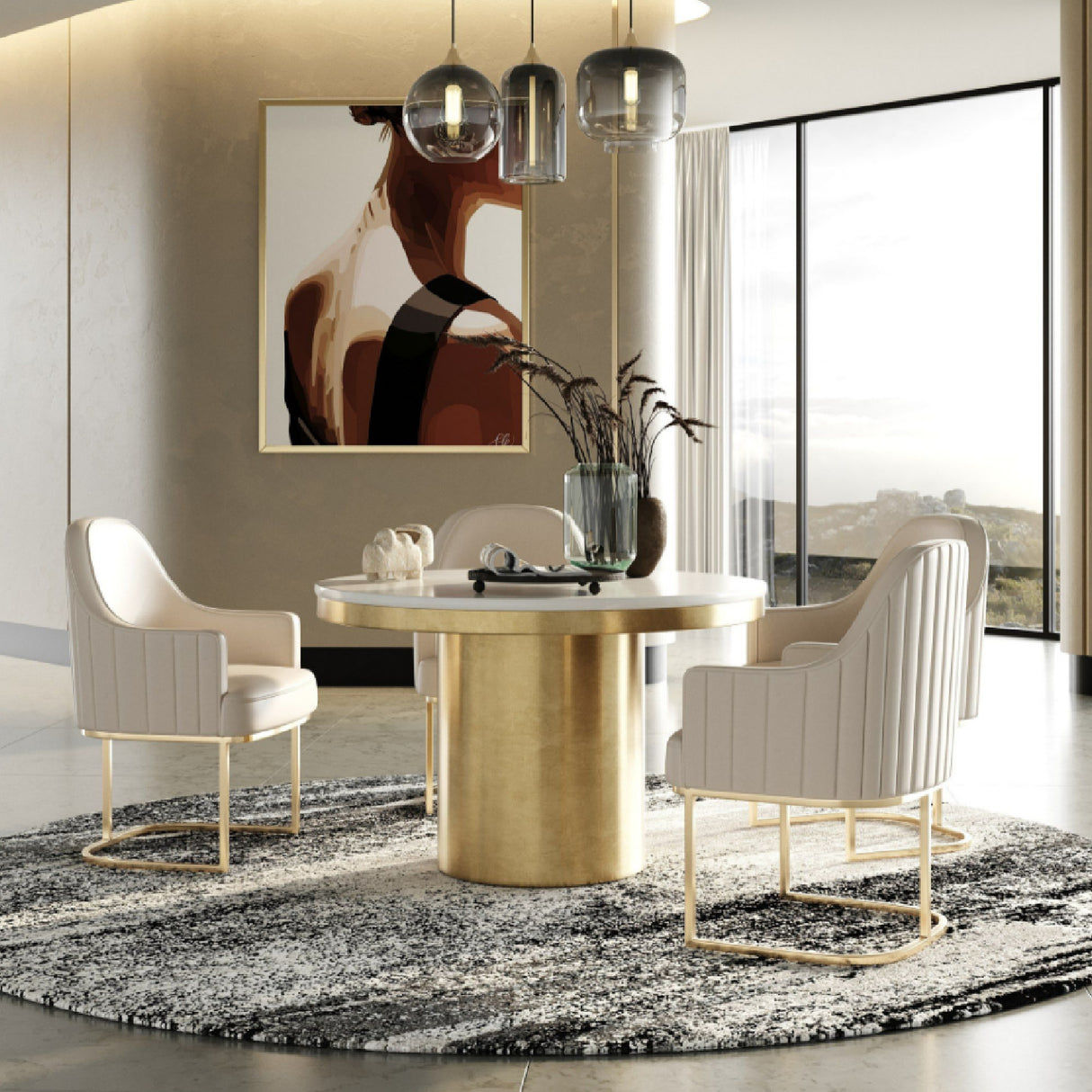 White Marble Round Dining Table – Rocky – angled view