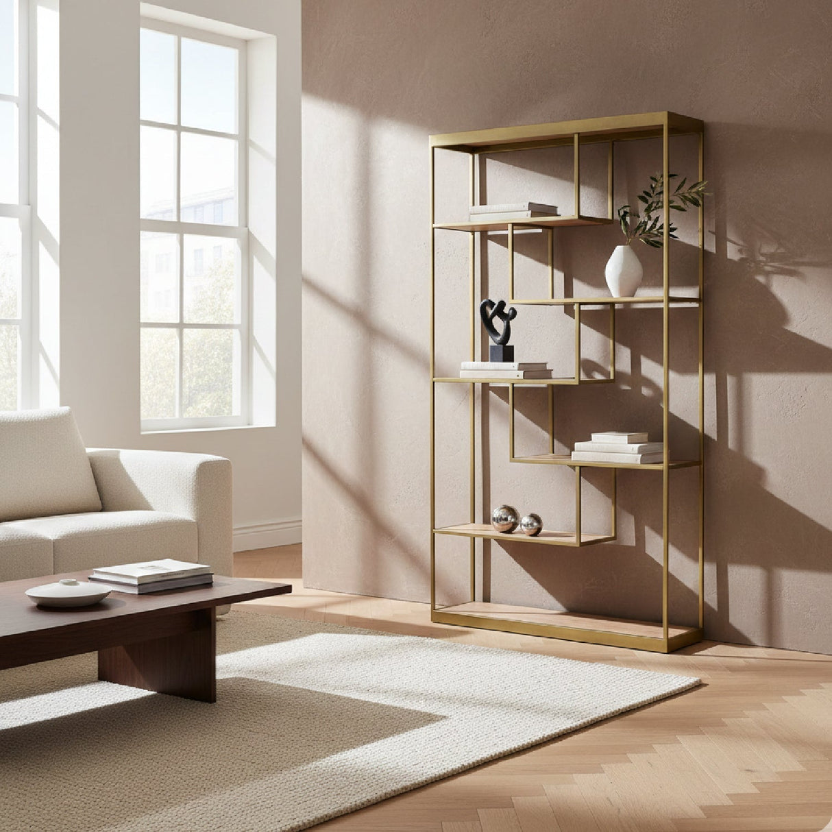 Brass-Framed Oak Bookshelf – Jessica – angled view