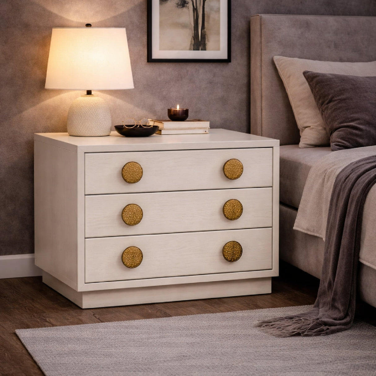 White Ash Wood 3-Drawer Nightstand – Marjorie – angled view
