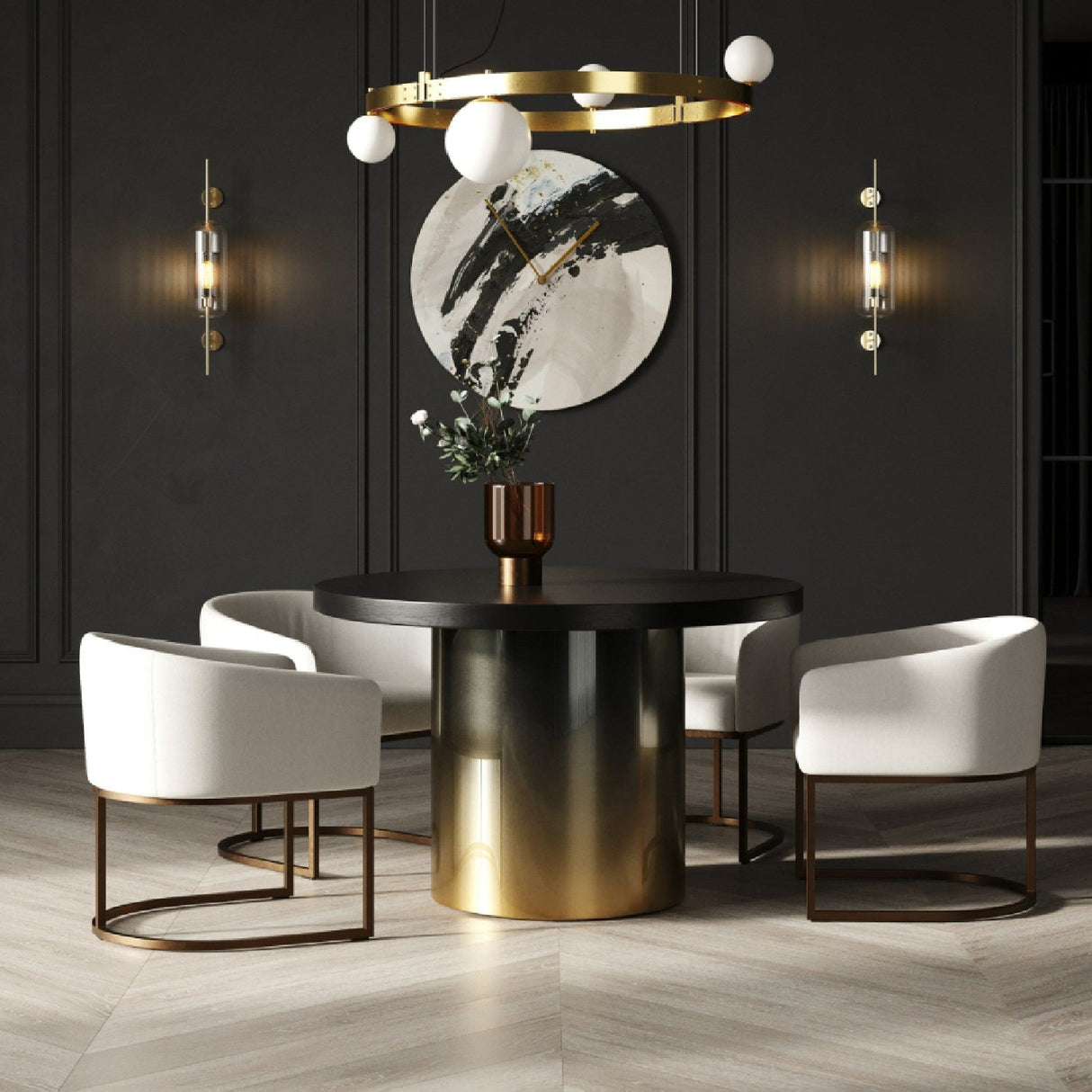 Black Ash Round Dining Table – Elmira – angled view