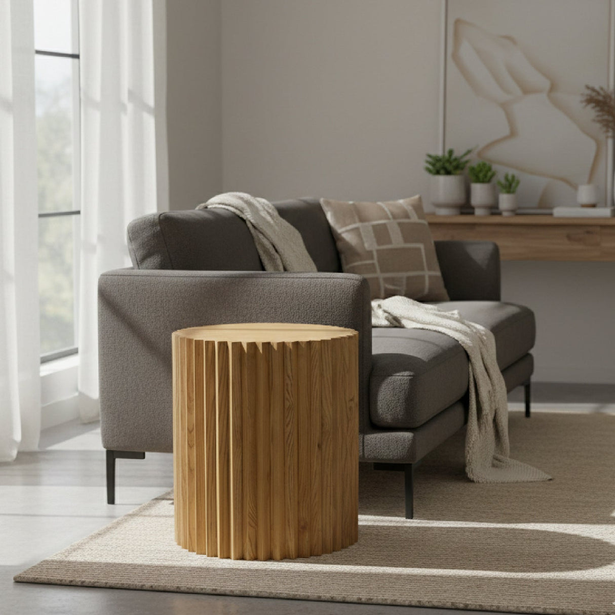 Reeded Walnut Round End Table – Espana – angled view