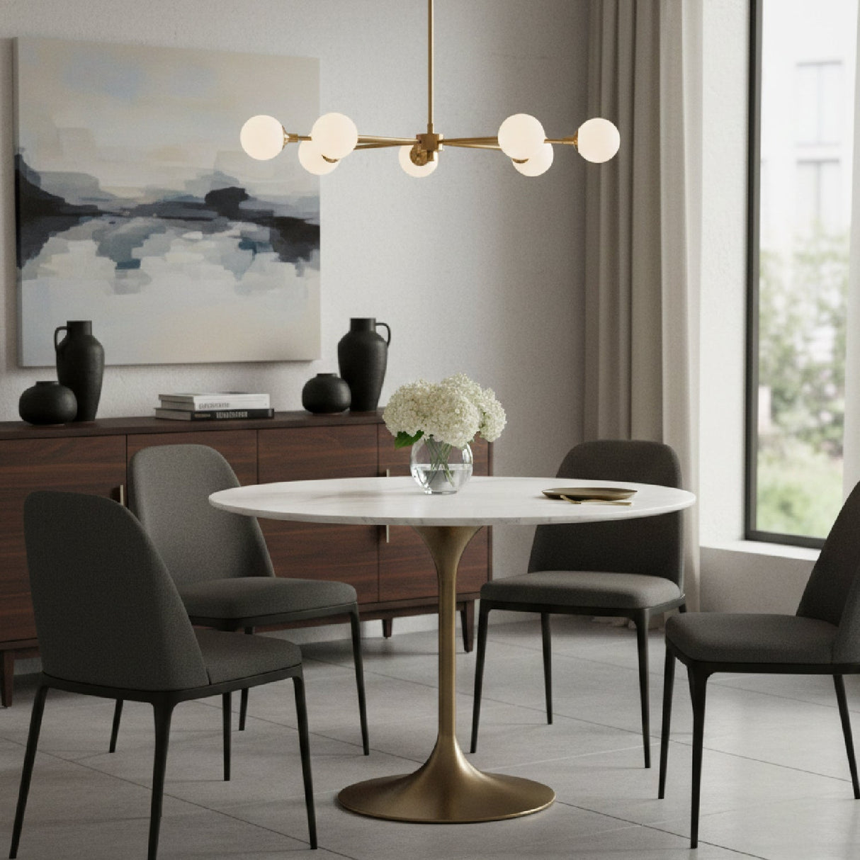 White Marble Tulip Dining Table – Collins – angled view