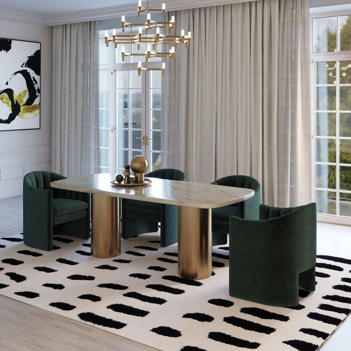 White Marble Gold Dining Table – Rocky – angled view