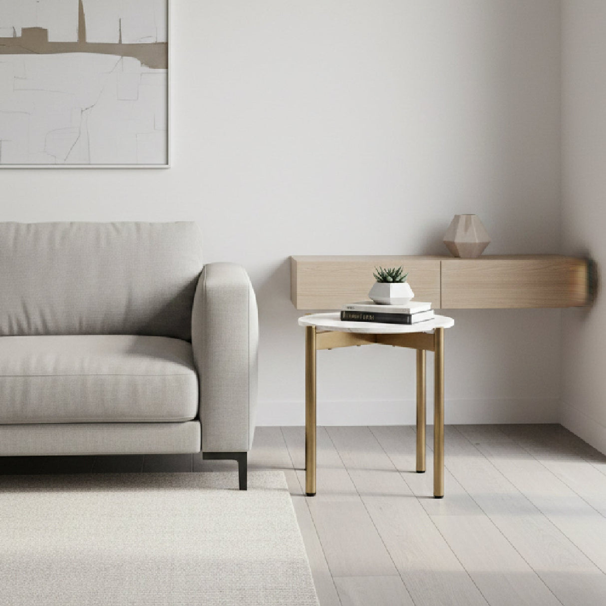 Square White Marble End Table – Baca – angled view