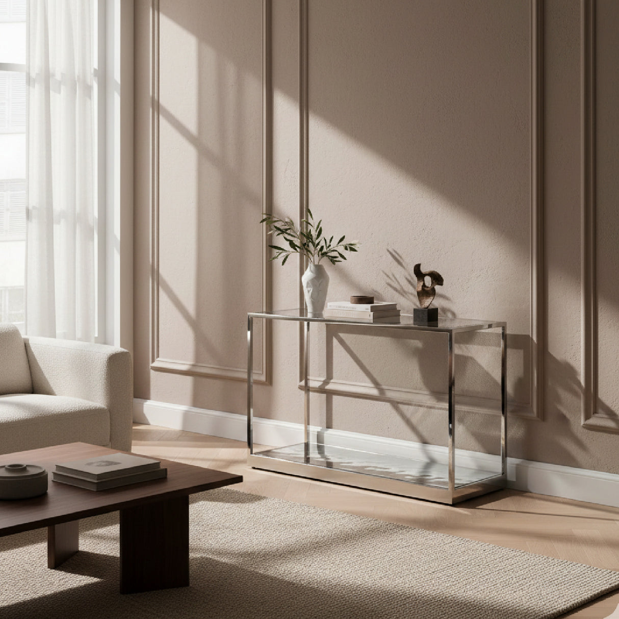 Clear Wave Glass Console Table – Braxton – angled view