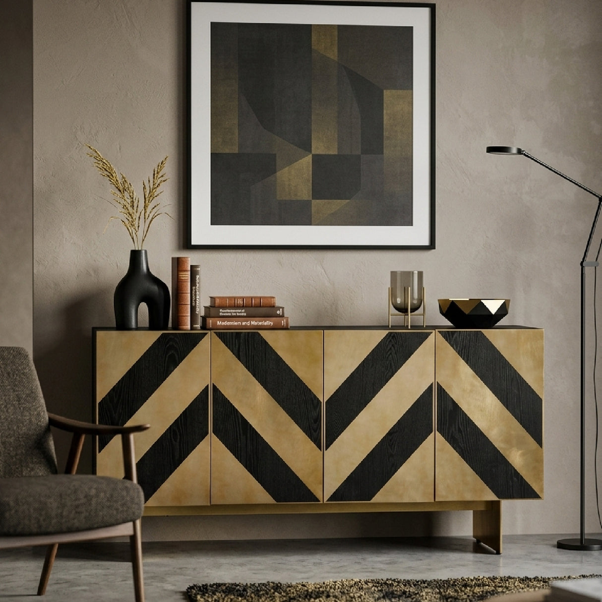 Gold Chevron Sideboard – Perret – angled view