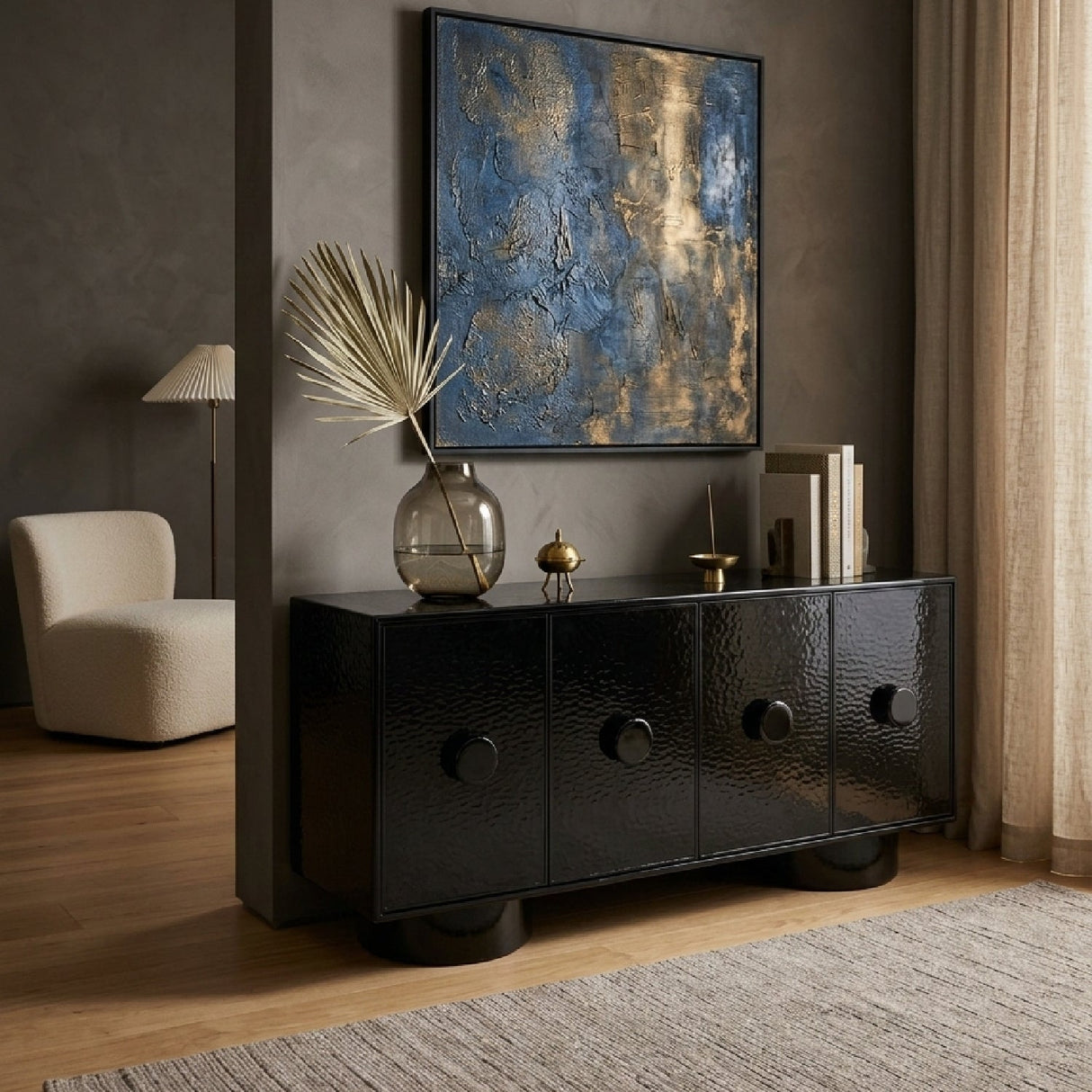Black Wave Glass 4-Door Sideboard – Calexico – angled view