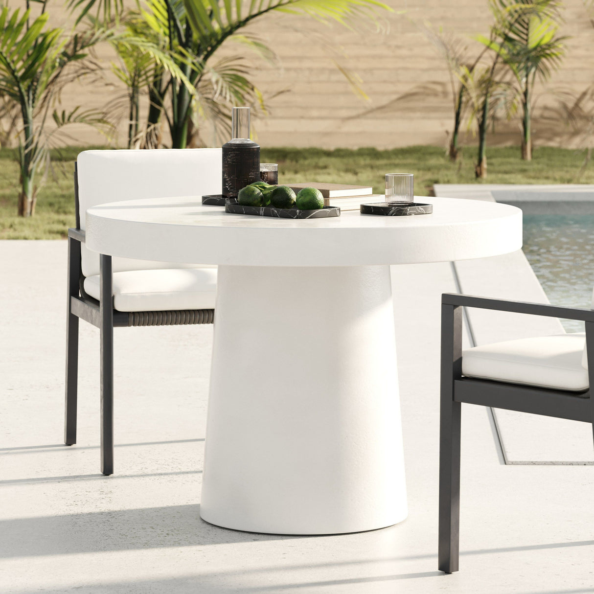 Round Concrete Pedestal Dining Table – Desoto – angled view