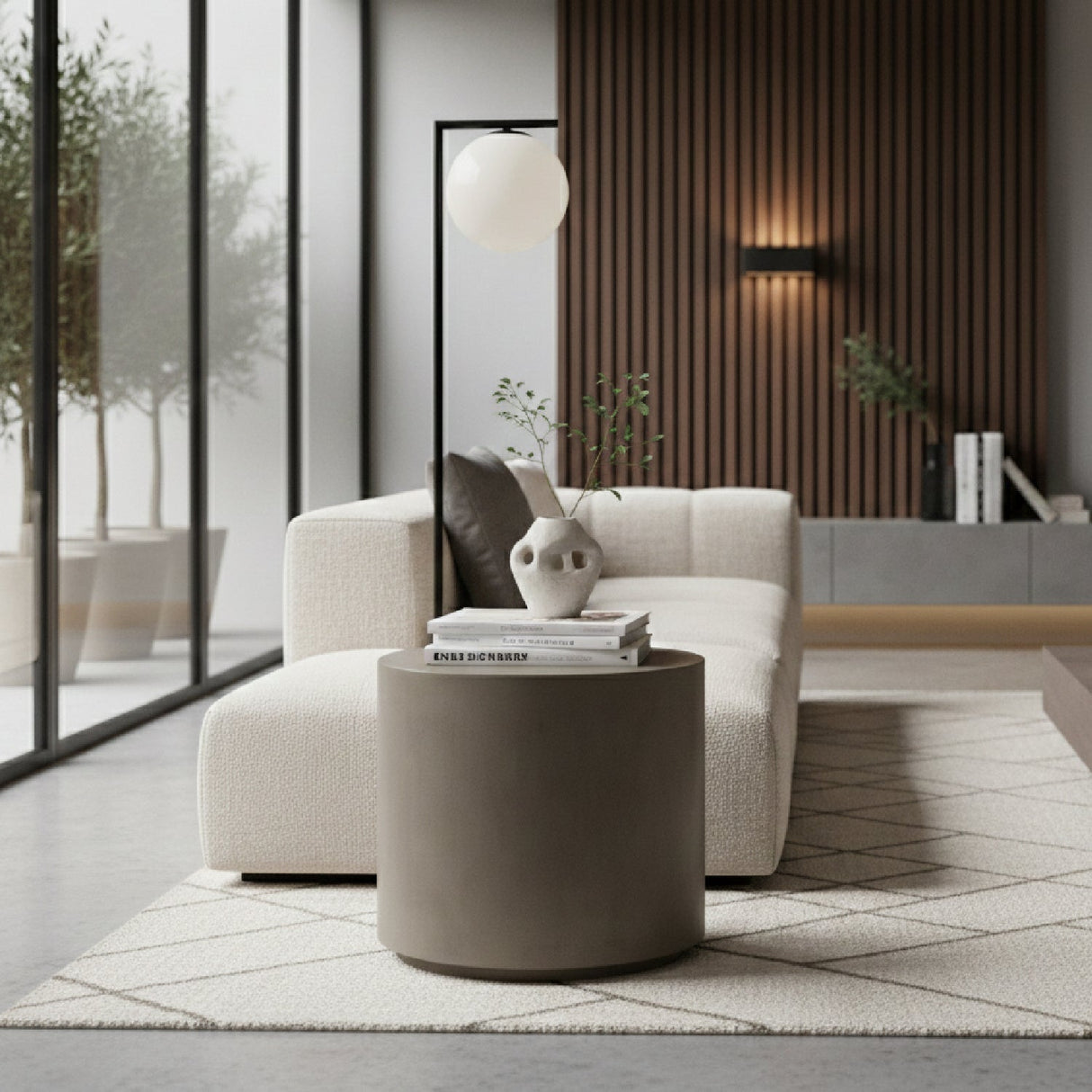 Gray Concrete Cylindrical End Table – Morley – angled view