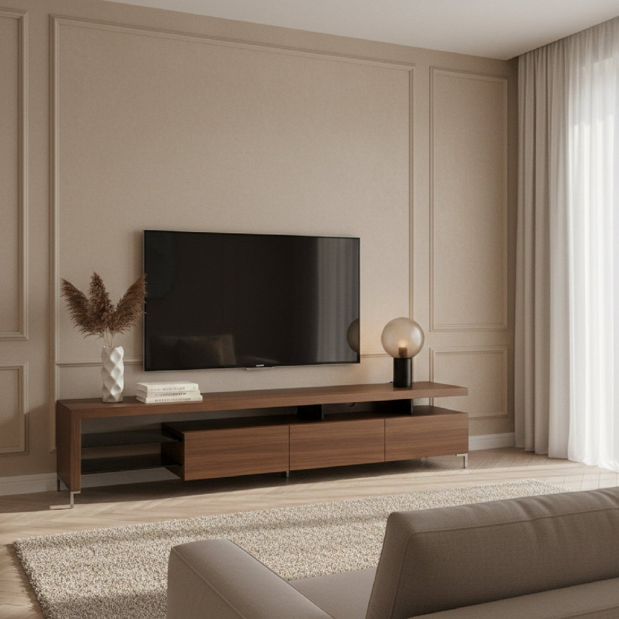 Walnut Veneer 4-Drawer TV Stand – Loreta – angled view