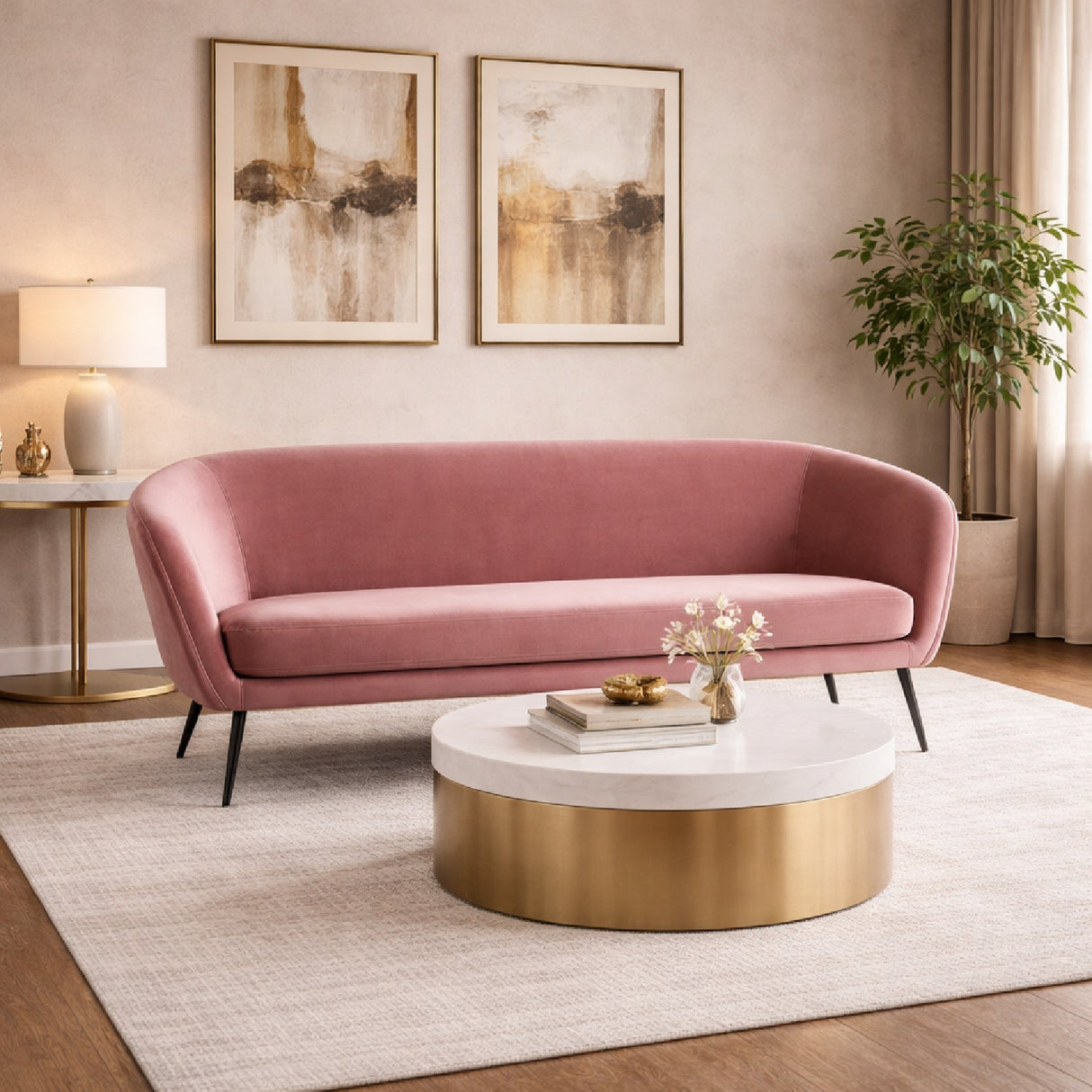 Pink Sloped-Arm Sofa – Koeing – angled view