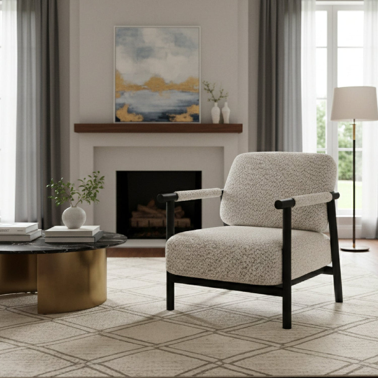 Black Framed Gray Accent Chair – Balko – angled view