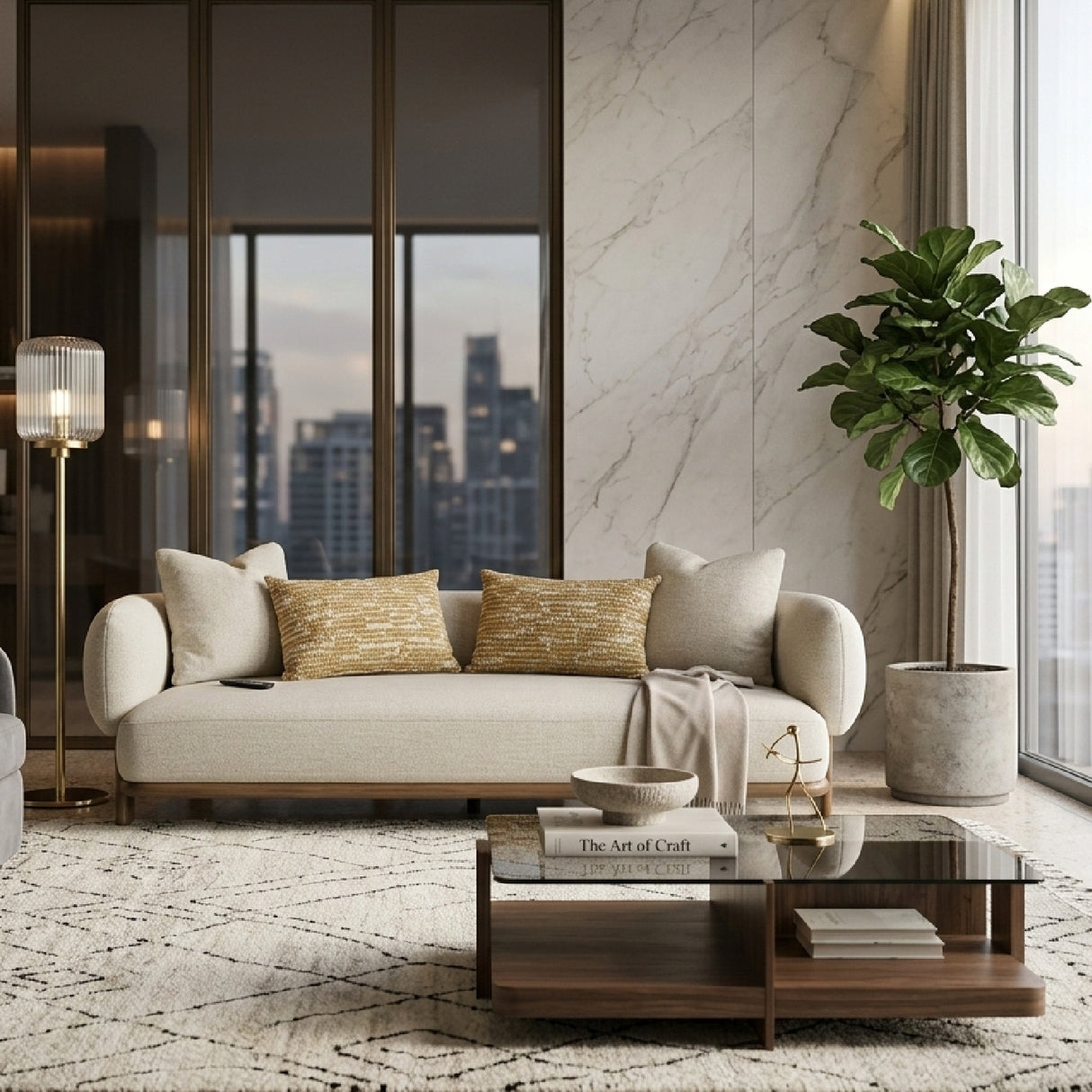Beige Flared-Arm Sofa – Optima – angled view