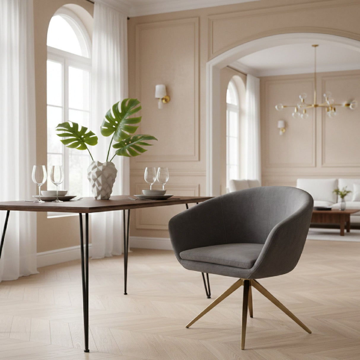 Gray Velvet Curved Dining Chair – Yara – angled view