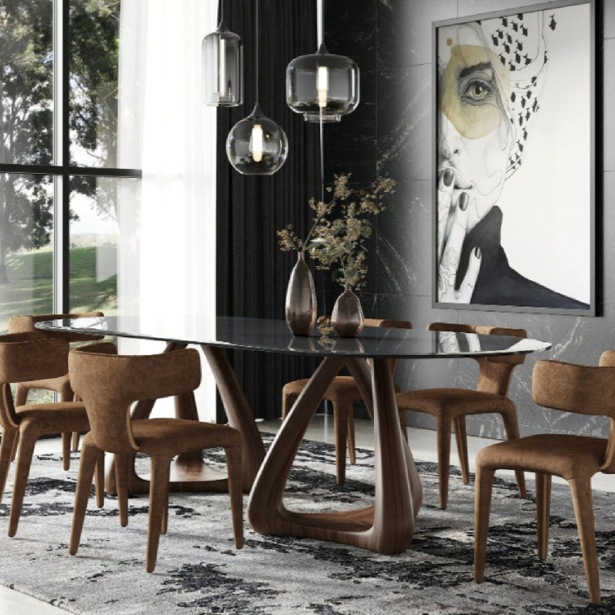 Oval Gray Glass Dining Table – Christy – angled view