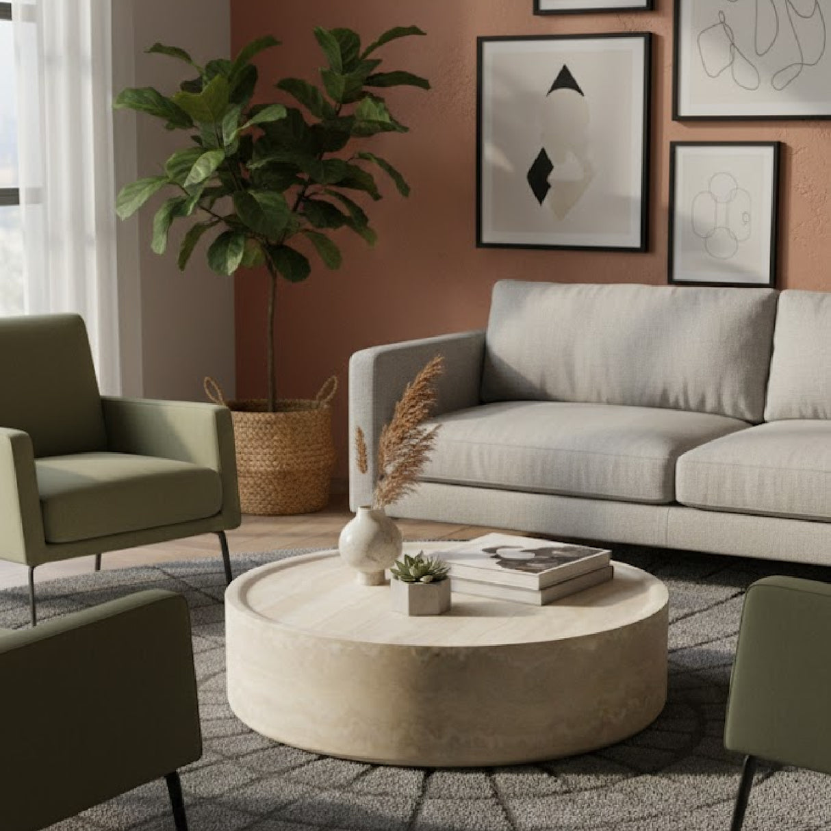 Round Travertine Finish Coffee Table | Oroa.com