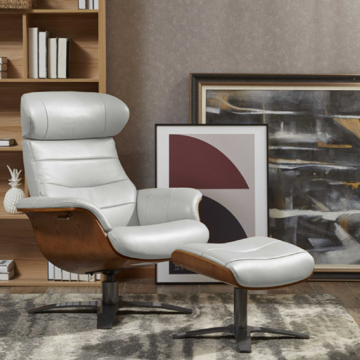 Gray Leather Swivel Chair and Ottoman – Abrons – angled view