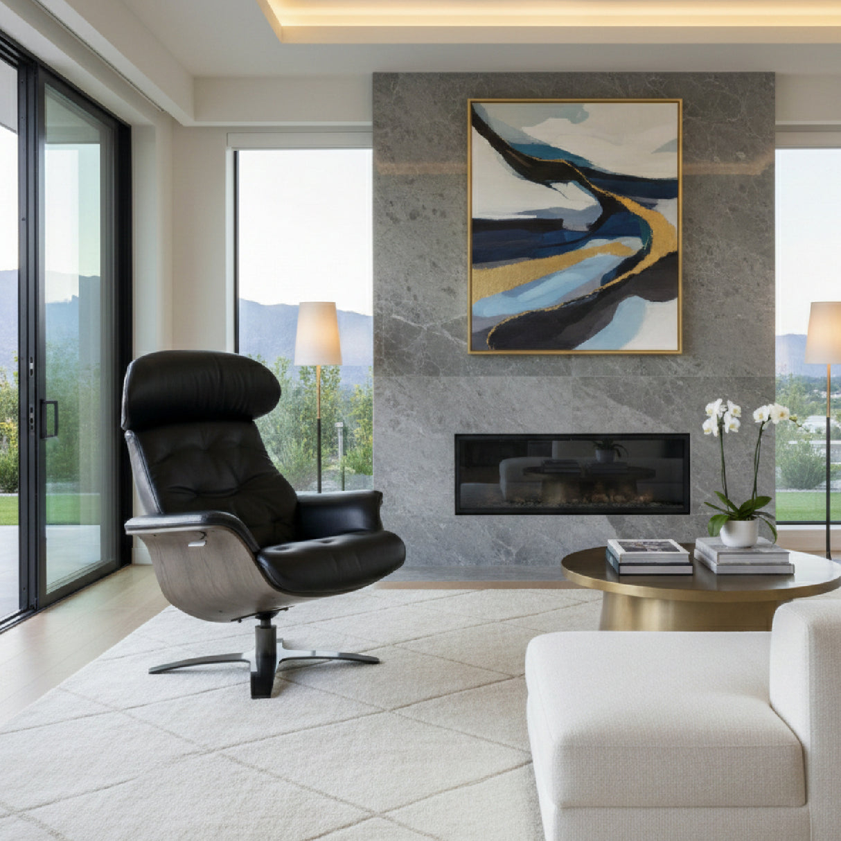 Black Leather Lounge Chair & Ottoman – Nowak – angled view