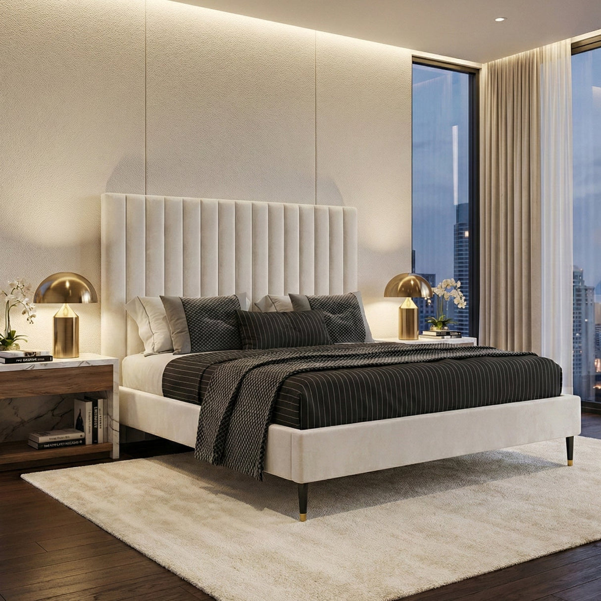 White Velvet Pleated Bed – Hemlock – angled view