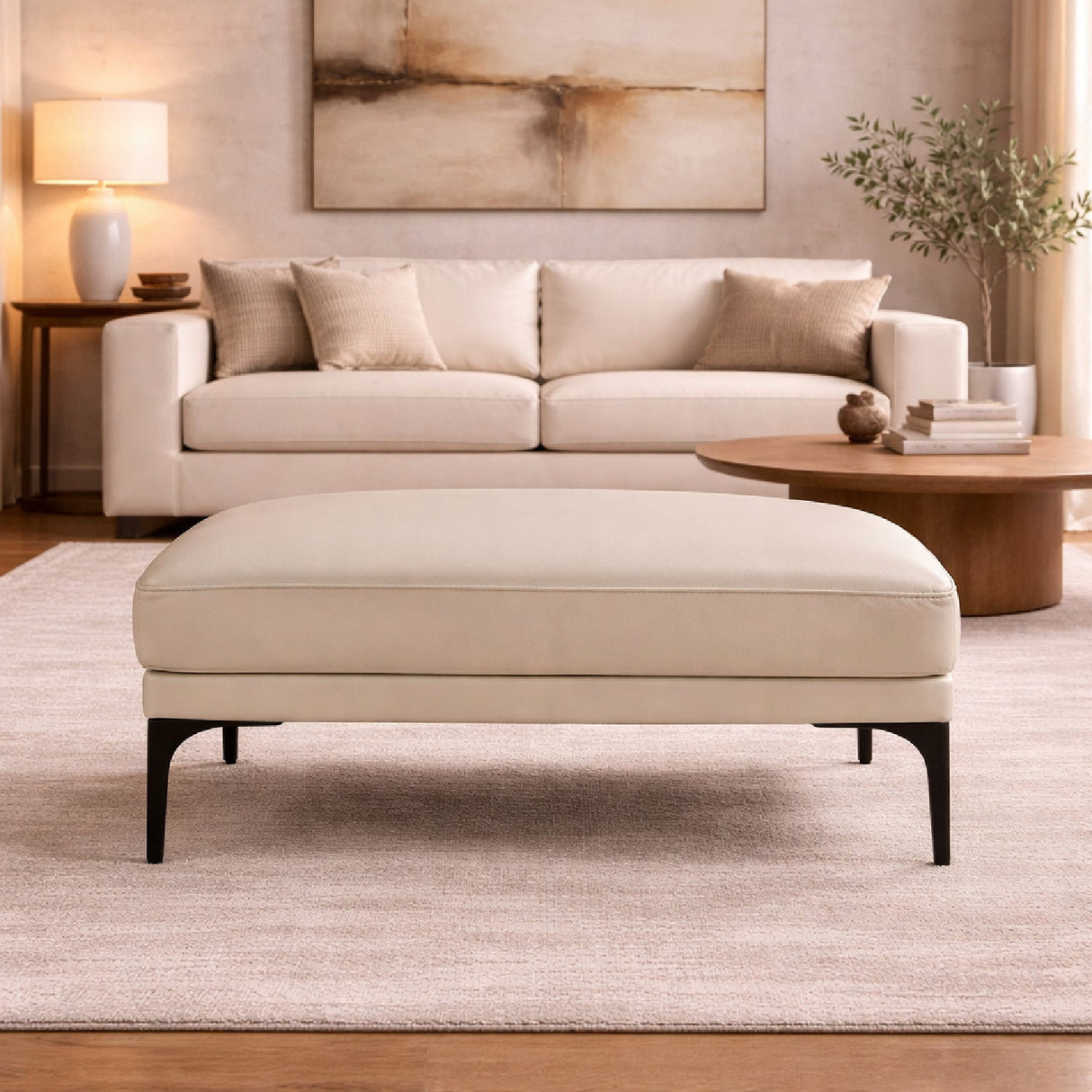 Gray Leather Rectangular Ottoman – Jacoba – angled view