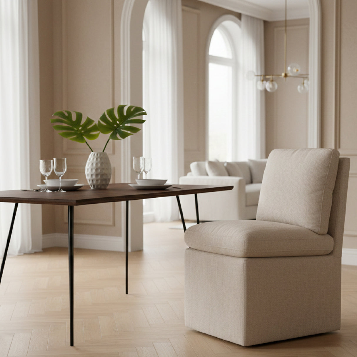 Beige Wheeled Dining Chair – Adrian – angled view