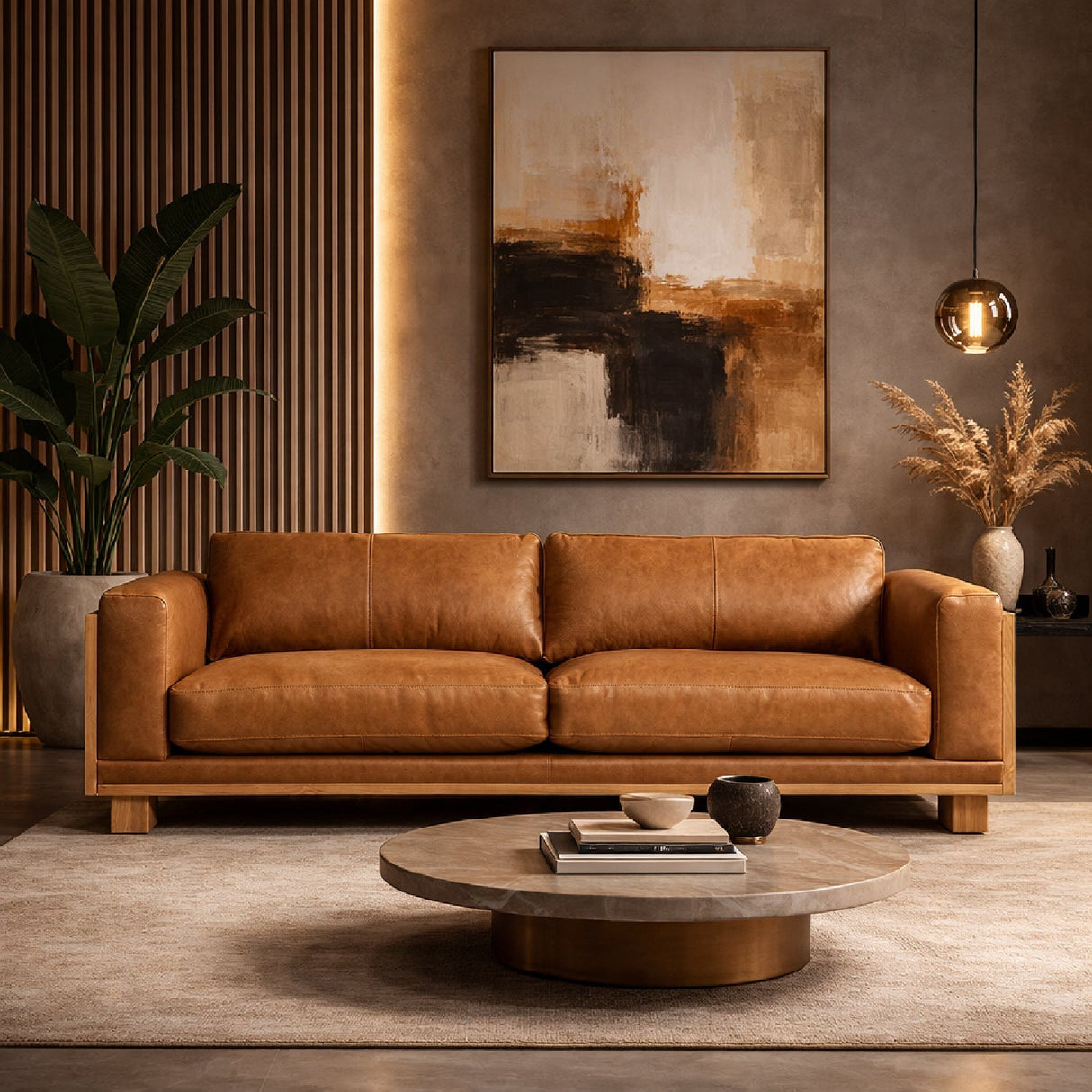 Tan Leather Wicker Sofa – Danson – angled view