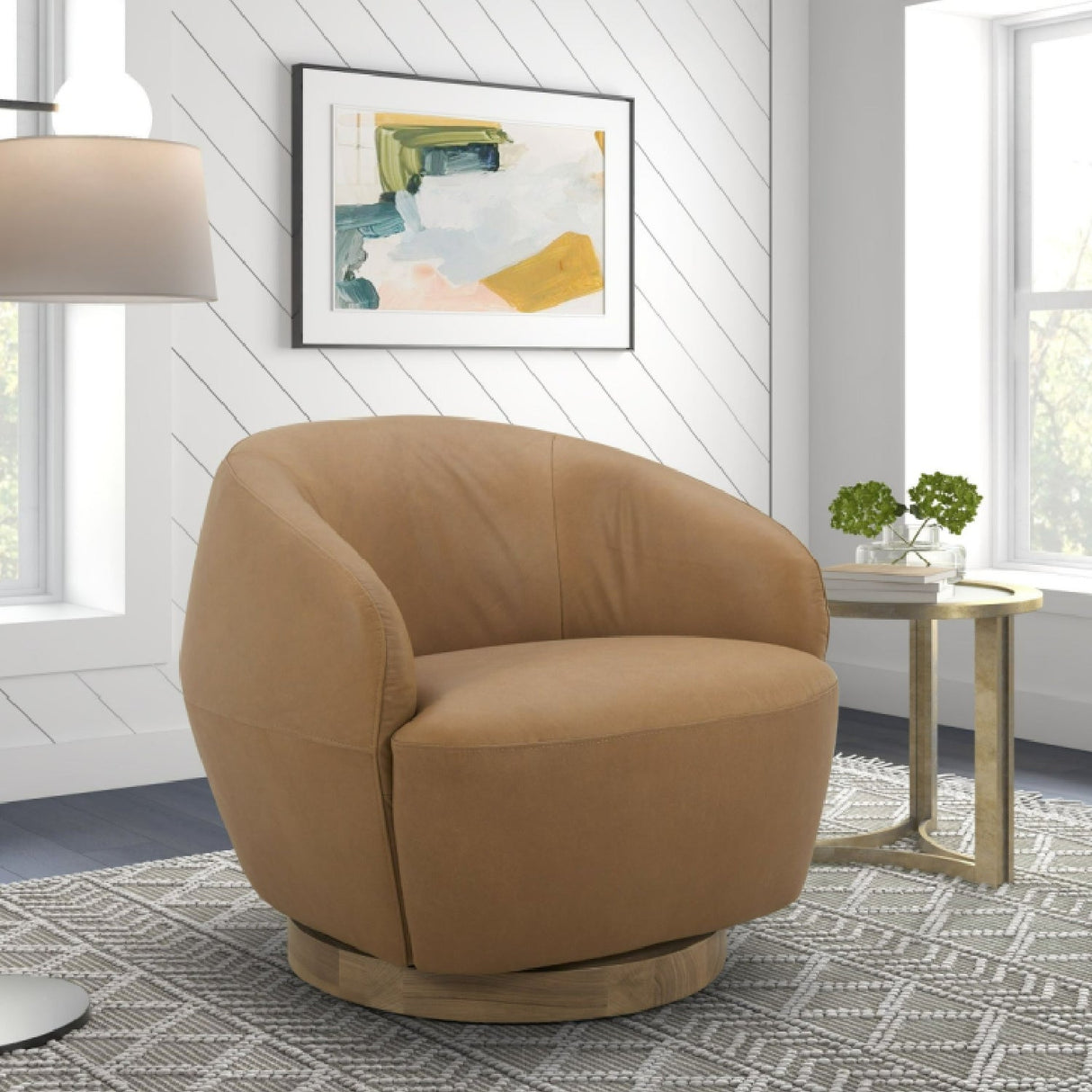 Tan Leather Swivel Accent Chair – Agatha – angled view
