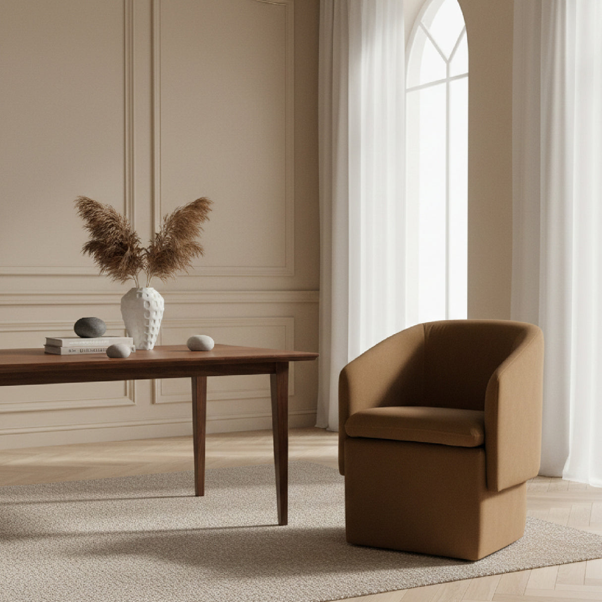 Curved Wheeled Dining Chair – Tassell – angled view