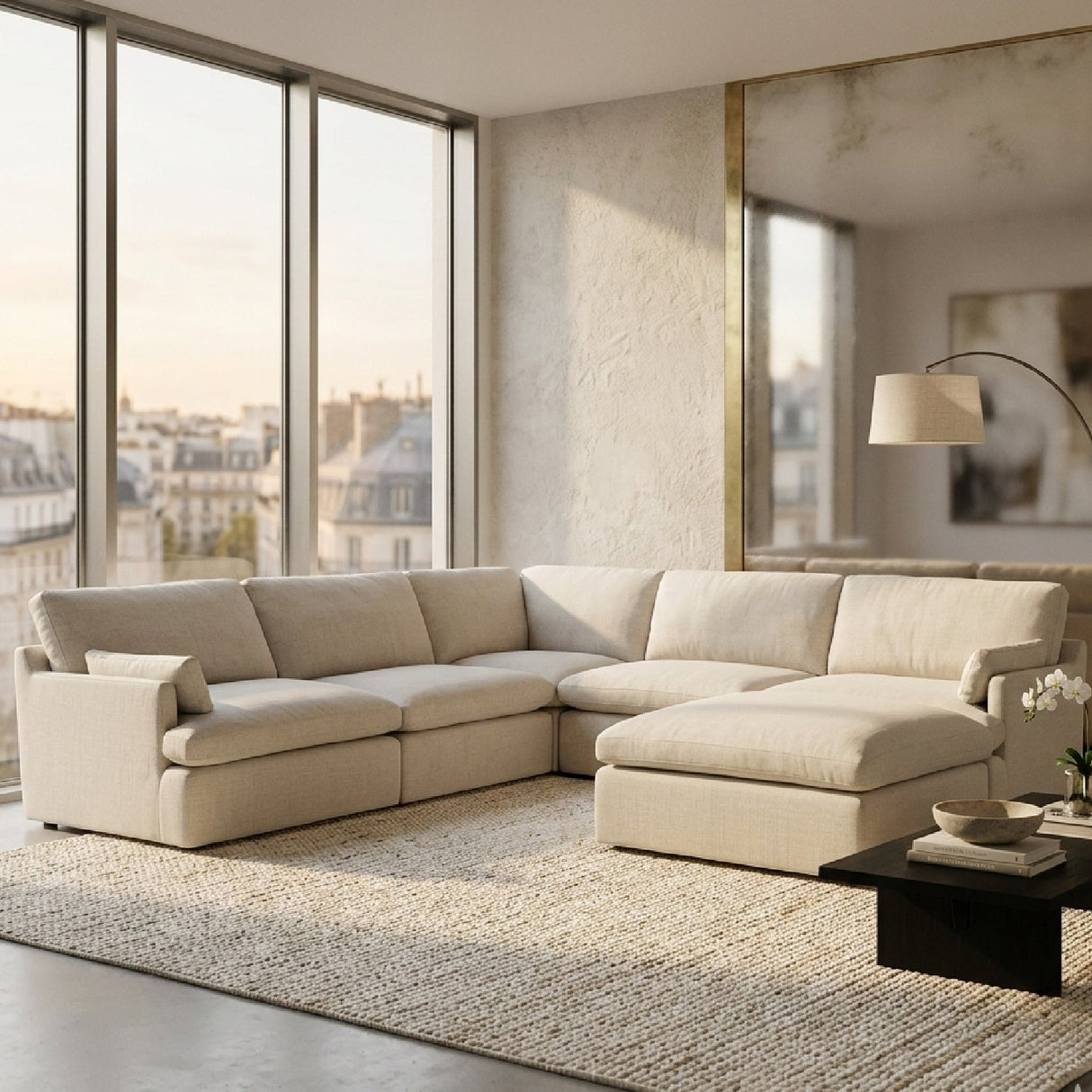 Beige Linen Sectional Sofa – Danica – angled view