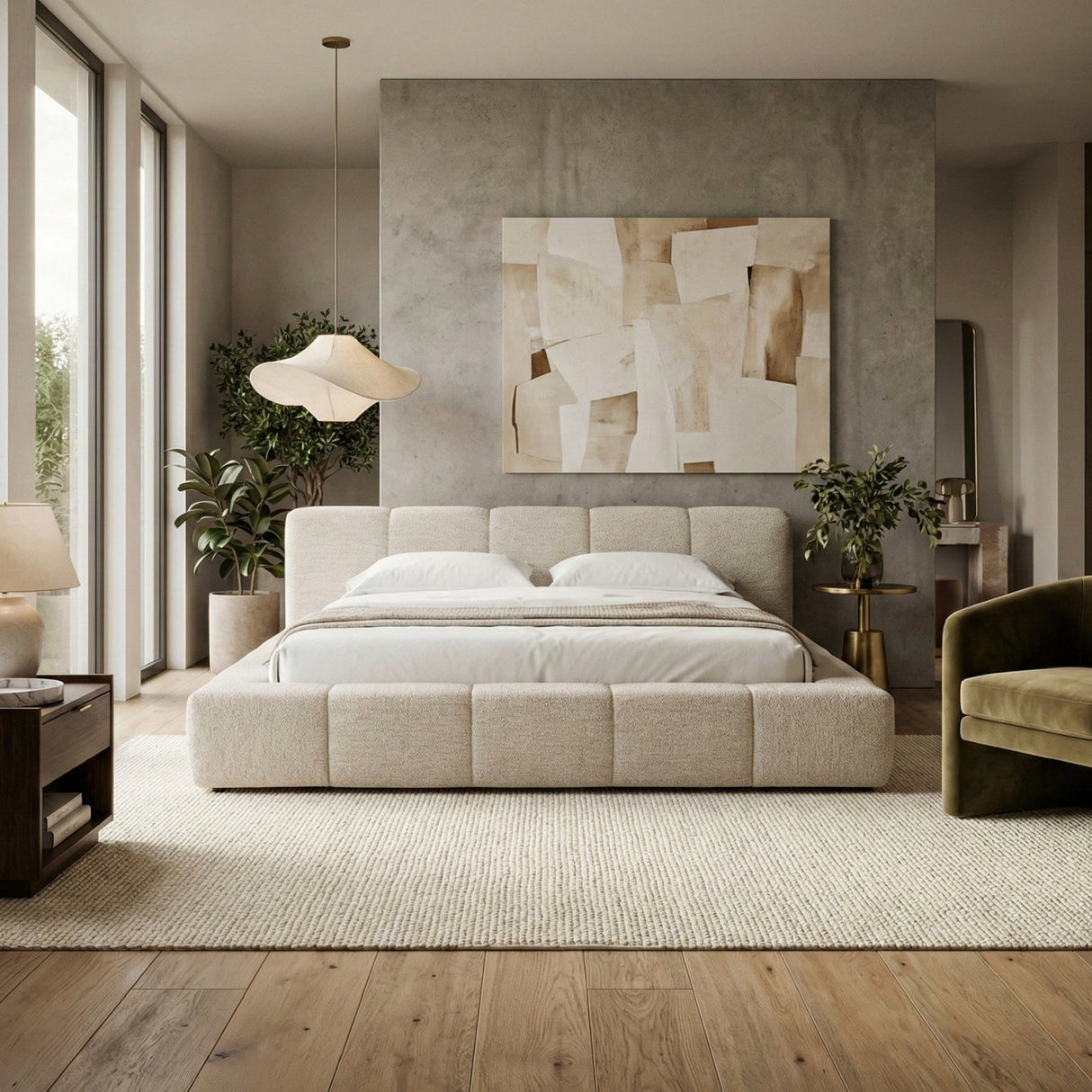 Channel-Tufted Cream Bed – Lamont – angled view