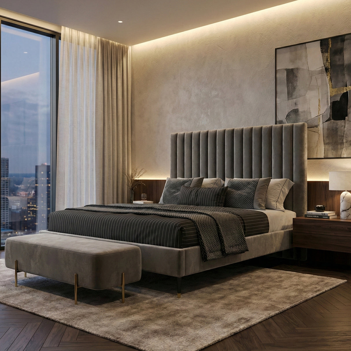 Gray Velvet Channel-Tufted Bed | Oroa.com